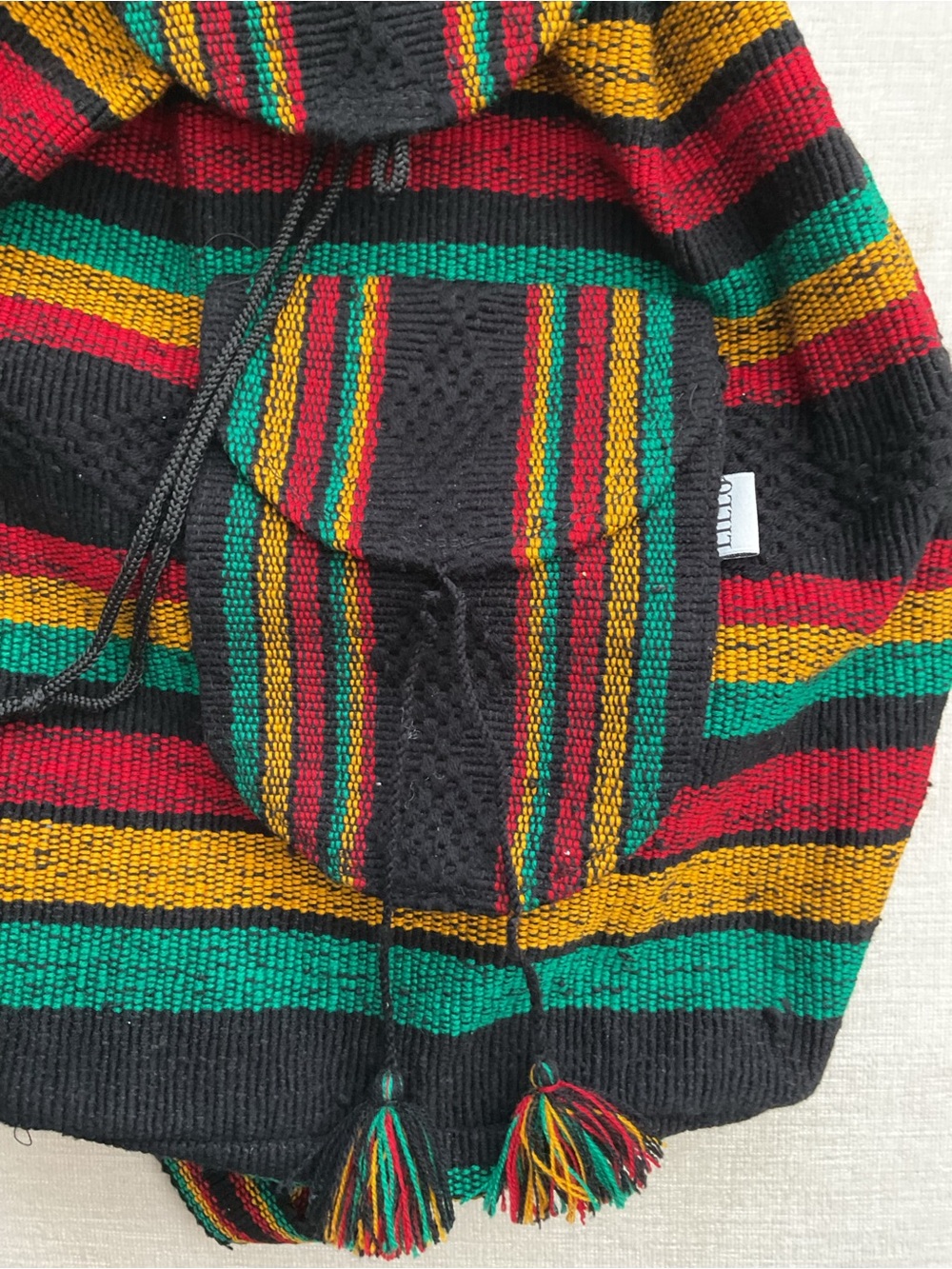 Handwoven Striped Hooded Backpack - Black with Red, Green & Gold - Picture 2 of 7